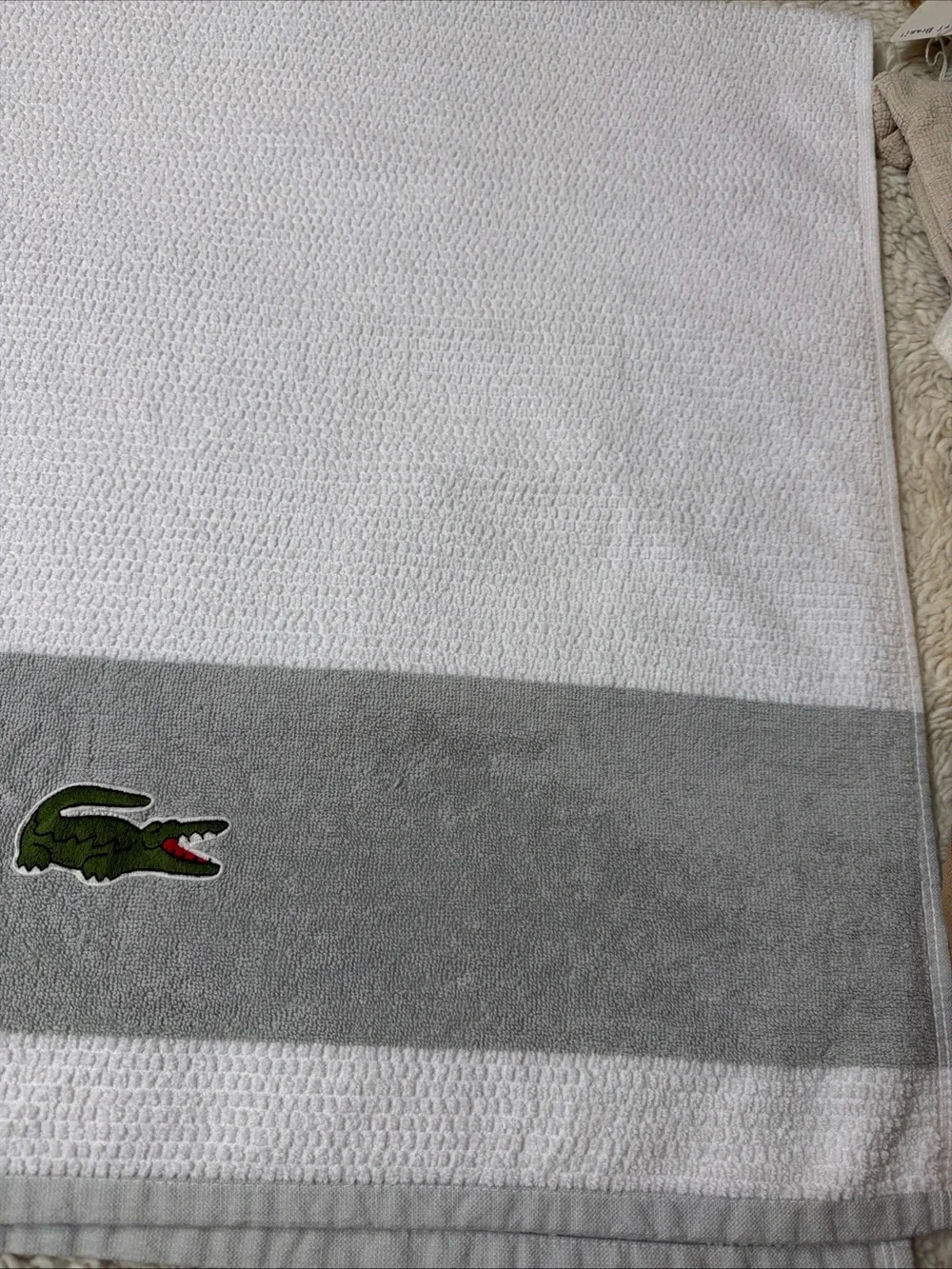 Lacoste White Towel with Gray Band and Green Crocodile Embroidery 100% Cotton